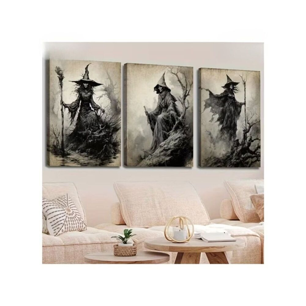 NWT Set of 3 Gothic Witch Wall Art Canvas Prints 12x16 Spooky Halloween Décor